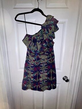 Postella One-Shoulder Ruffle Dress in Purple, Navy and Cream Print